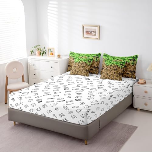 Miners Style Square Grid 7Pcs Comforter Set Twin Size,Brown Green Army Camo Bedding Set for Kids Boys Teens Men Room Decor,Cartoon Gamepad Reversible Bed in a Bag Pixelated Games Flat Fitted Sheet Castle Fairy