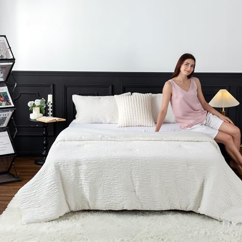 COTTEBED Reversible Chenille Cotton Twin Size Comforter Sets, Luxury Textured Stripe Soft Bedding Comforter Modern for Kid Child Teen Boy College Dorm,Lightweight All Season(White,Twin/Twin XL) COTTEBED