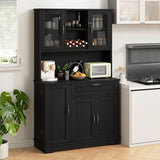 Shintenchi Kitchen Pantry Storage Cabinet, Freestanding Buffet Cabinet with Microwave Stand & 4 Door Shelves, Kitchen Hutch with Doors, Adjustable Shelves and Wine Rack, Black Shintenchi