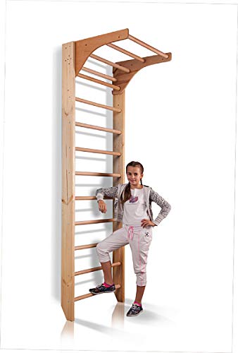 Wooden Swedish Ladder, Stall Bars Set for Physical Therapy & Gymnastics (with Adjustable Pull-up Bar)