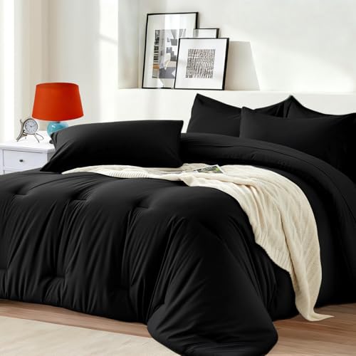 Easthome Queen Comforter Set 7 Piece - Black Soft Bed in a Bag Queen Size Comforter Sets, Cozy Luxury Bedding Sets with Down Alternative Comforter, Flat Sheet, Fitted Sheet, 2 Pillowcases & 2 Shams Easthome