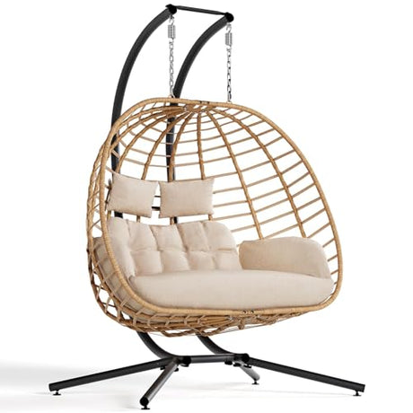 SWITTE Double Hanging Egg Chair with Stand, Outdoor Patio 2 Person Wicker Hammock Swing Chairs with Cushion Loveseat for Indoor Bedroom, Lawn, Garden-Beige SWITTE