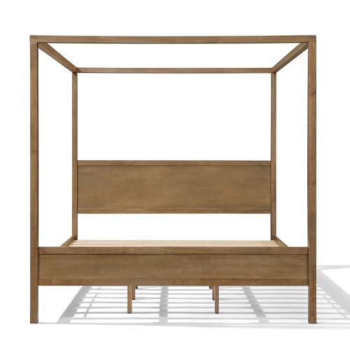 Christopher Knight Home Gana Classic Canopy Bed Frame King Size, 4 Poster King Size Bed Frame and Headboard, Wooden Slat Support, King Bed Frame No Box Spring Needed, Antique Natural