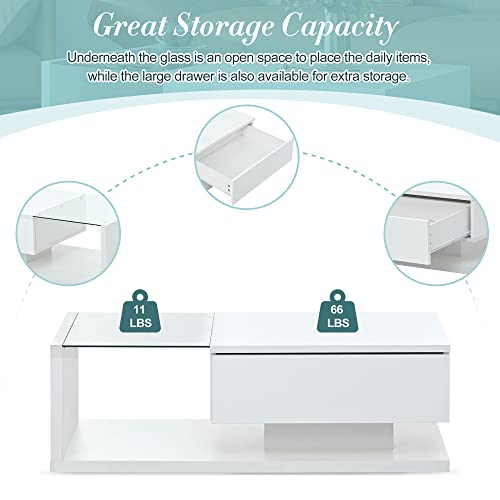 Merax Coffee Table, 2-Tier Rectangular Coffee Table with Tempered Glass, Modern Cocktail Table with High-Gloss UV Surface, Minimalist Design Center Table for Living Room, White Merax