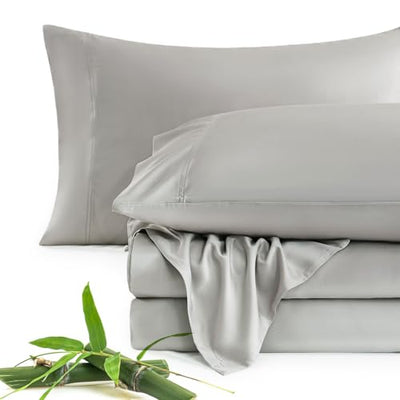 JSD 100% Viscose Derived from Bamboo Sheet Set Twin, Silver Grey Cooling Sheets for Hot Sleepers, Soft Silky Breathable Bed Sheets Extra Deep Pocket