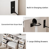 Vanity Desk with Mirror and LED Lights, 43'' W Makeup Vanity Desk with Power Outlet, 3 Color Modes, 7 Drawers Vanity Table with Chair, Dressing Table for Bedroom, Dressing Room Homesflex