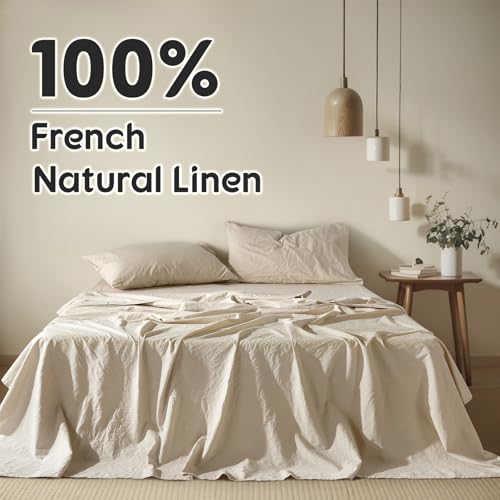 Shilucheng 100% French Linen Sheets - Queen Size Bed Sheets, Breathable & Cooling Pure Linen Sheets,Soft Durable and Tear Resistant -16 Inch Deep Pocket - 4Pcs (Linen, Queen) Shilucheng