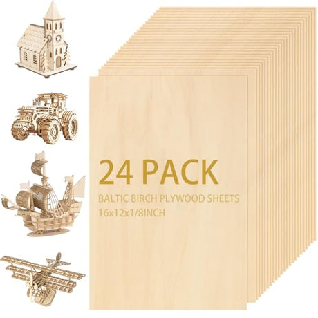 24Pcs 16 x 12 x 1/8 Inch Baltic Birch Plywood Sheets 3mm Unfinished Plywood Sheet for Arts and Crafts, Painting, Pyrography, Wood Engraving, Wood Burning, Laser, Architectural Models ACXFOND