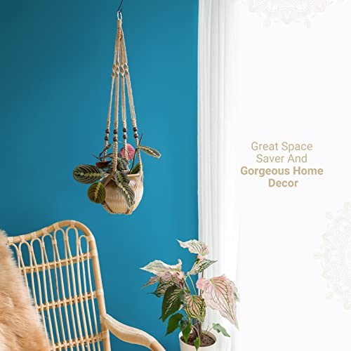 Mkono Macrame Plant Hanger Indoor Jute Hanging Planter Basket with Wood Beads Decorative Flower Pot Holder No Tassels for Indoor Outdoor Boho Home Decor 35 Inch, Brown, Set of 1 (POTS NOT Included) Mkono