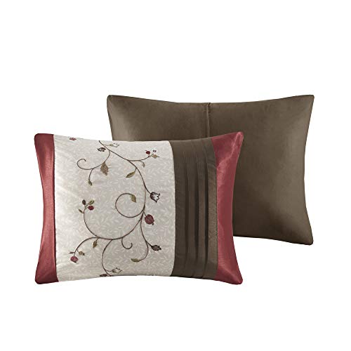 Madison Park Serene Faux Silk Comforter Set - Floral Embroidery Design, All Season Bedding Set, Matching Bed Skirt, Decorative Pillows, Red Cal King(104"x92") 7 Piece Madison Park