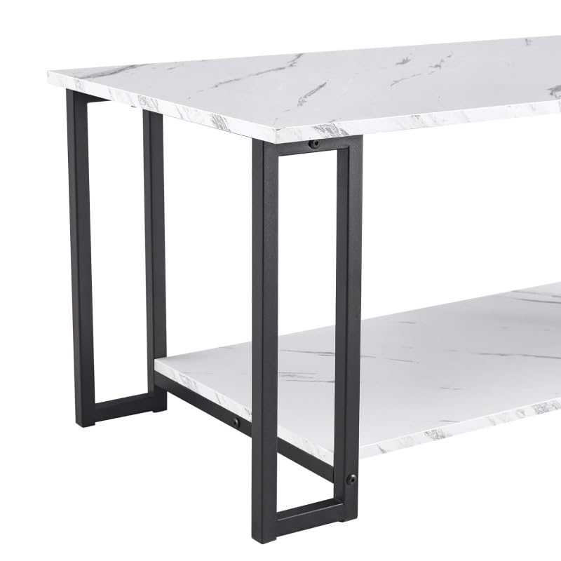 Nicemoods 39.37" Coffee Table, 2 Layers 1.5cm Thick Marble MDF Rectangle Tabletop Iron Coffee Table, Dining Room, Coffee Shop, Restaurant, White Top (White+ Black Leg) Nicemoods