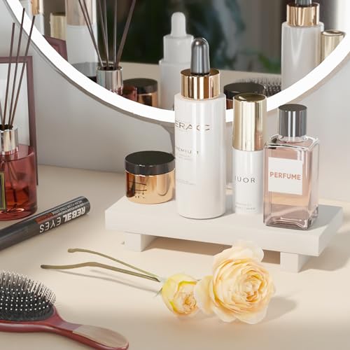 Greatseas Bathroom Tray Bathroom Decor, Small Bathroom Counter Organizer Wood Pedestal Stand, White Wood Tray for Kitchen Sink Vanity Countertop, Dish Soap Holder Display Risers 8.7" x 3.5" x 1.6" Greatseas