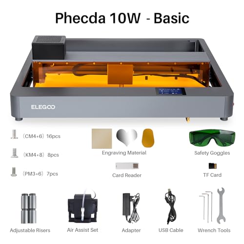 ELEGOO PHECDA 10000mW Laser Engraver & Cutter with Air Assist, CNC Laser Engraving and Cutting Machine for Wood and Metal, Dark Acrylic, 400x400mm Engraving Area (Basic), Laser Class 4 ELEGOO