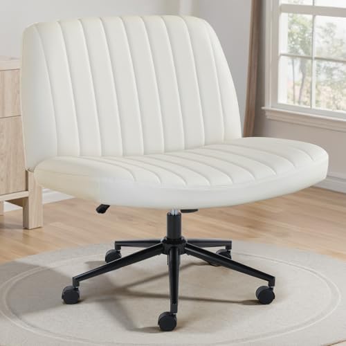 OLIXIS Criss Cross Chair with Wheels Wide Cross Legged Office Desk Vanity Chair Comfy Fabric Armless Adjustable Swivel for Home Computer Task PU Beige OLIXIS