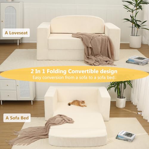 MeMoreCool Convertible Sofa Bed – Small Beige Corduroy Loveseat Sleeper, Boneless Fold-Out Cloud Couch with Foam, Trifold Floor Futon with Washable Cover for Bedroom, Apartment, Guest Room MeMoreCool