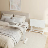 DUMOS Adjustable Overbed Bedside Table with Hidden Wheels, Mobile Standing Desk with Pneumatic Lift, Portable Computer Workstation Cart for Bed, Couch, Office, Sofa, White DUMOS