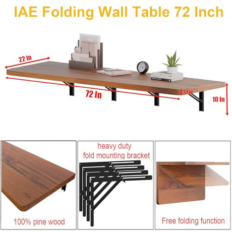 IAE Floating Wall Mounted Folding Table Desk with Pine Wood,72" x 22" Foldable Workbench,Fold Down Wall Mounted Foldable Desk with Shelf Brackets,Laundry Folding Table for Home,Dining,Kitchen,Teak IAE