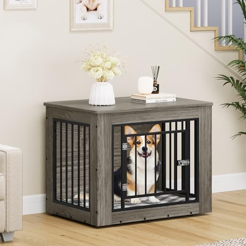 YITAHOME Dog Crate Furniture for Medium Dogs, Side End Table, Modern Dogs Kennel Indoor up to 35 lb, 2-in-1 Iron-Wood Fusion Dog Cage with Waterproof Top, Safety Corners,Steel Lock,30" L,Grei - WoodArtSupply