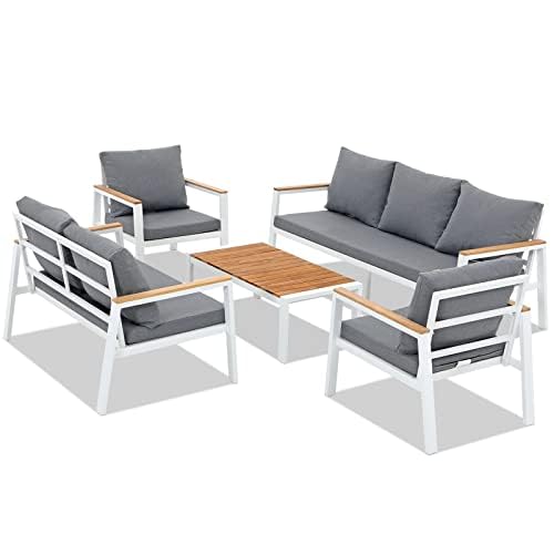 JOIVI Aluminum Patio Furniture Set 5 Pieces Outdoor Conversation Set with Teak Coffee Table & Cushion, Outdoor Patio Furniture Sectional Patio Sofa Outside Furniture for Deck, Backyard, White JOIVI
