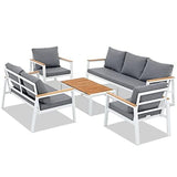 JOIVI Aluminum Patio Furniture Set 5 Pieces Outdoor Conversation Set with Teak Coffee Table & Cushion, Outdoor Patio Furniture Sectional Patio Sofa Outside Furniture for Deck, Backyard, White JOIVI