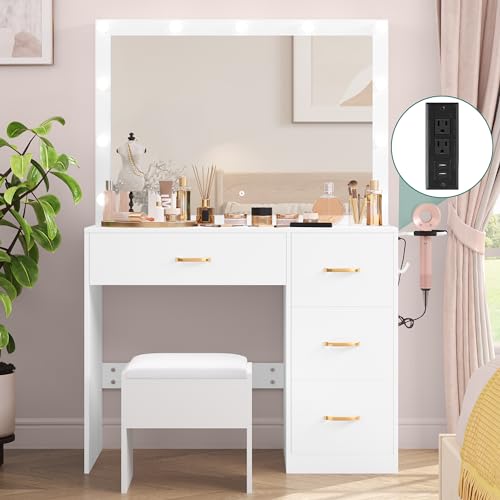 YITAHOME Vanity Desk Set with Large Lighted Mirror & Power Outlet, 3 Color Lighting Modes, Makeup Vanity Table with 4 Drawers, Storage Bench, Bedroom, White - WoodArtSupply