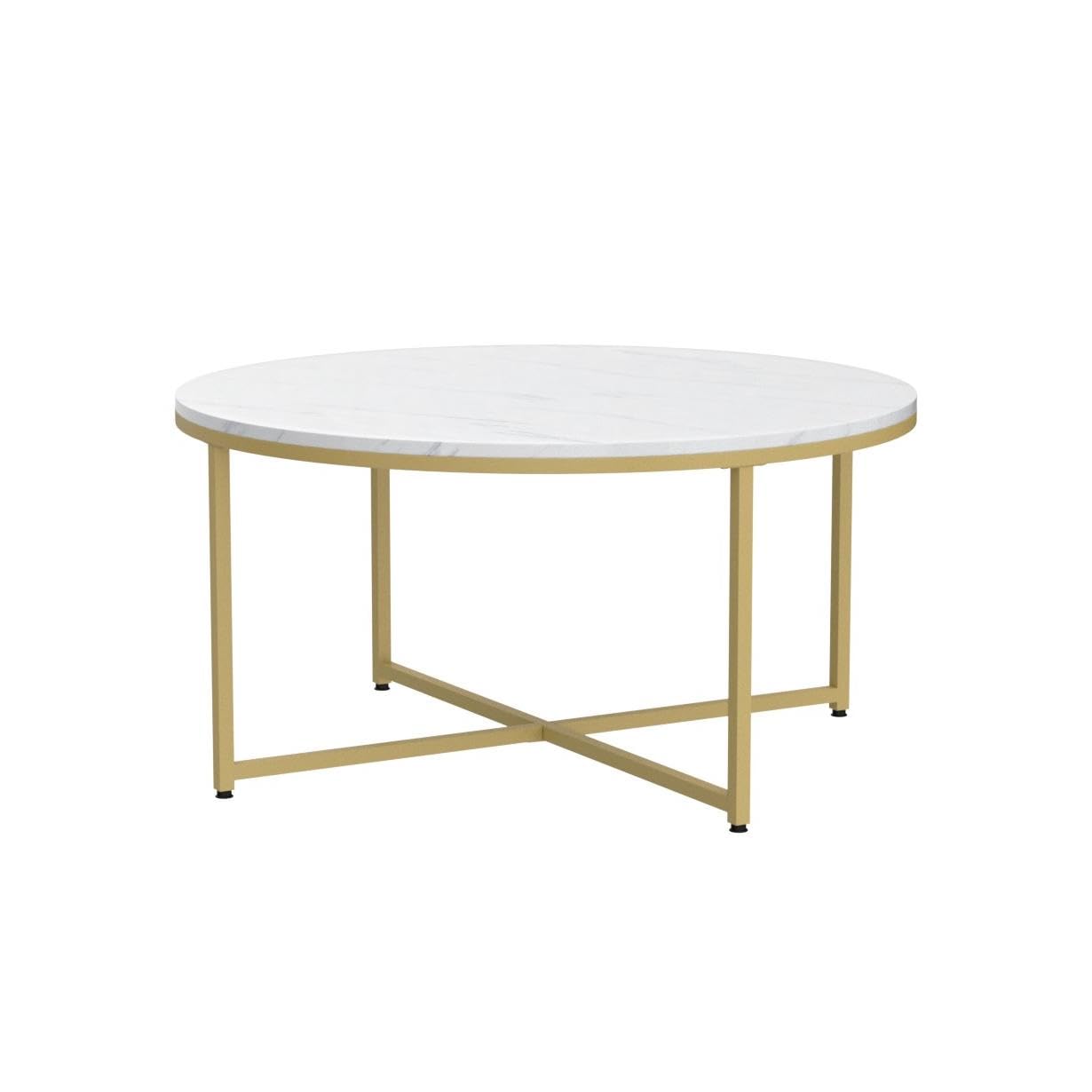 Yaheetech Faux Marble Coffee Table, 35.5in Round Coffee Table with Metal Legs for Living Room, Modern Center Table for Home & Office, White and Gold - WoodArtSupply