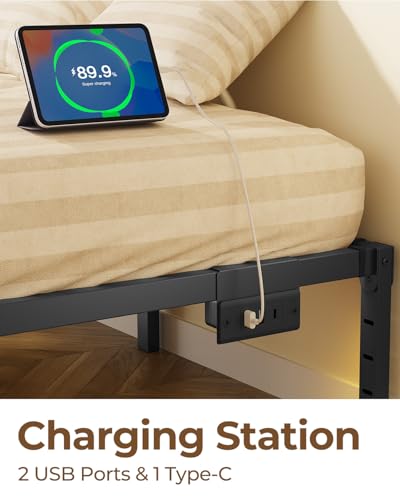 Rolanstar Bed Frame with USB Charging Station, Twin Bed Frame with LED Lights, Platform Bed Frame with Heavy Duty Steel Slats, 14" Storage Space Beneath Bed Rolanstar