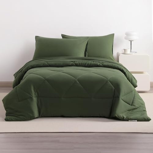 NTBAY Twin Comforter Set with Sheets, 5 Pieces Soft and Breathable Twin Bedding Set, Twin Bed in a Bag, Down Alternative Comforter Set Solid Color All Season, Kids Bedding Set, Olive Green NTBAY
