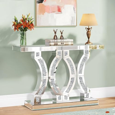 GA Home Silver Mirrored Console Table with Crushed Diamond Inlay, 39.37" Long Narrow Hallway Table for Entryway Foyer, Modern Glass Sofa Tables for Living Room GA Home