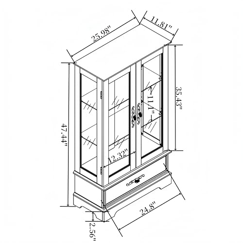 JIJIWANG Curio Cabinet with Adjustable Glass Shelves, Mirrored Back Panel & Tempered Glass Doors&Drawer,Wooden Display Cabinet for Living Room, Hallway,Light Bulb Included,White