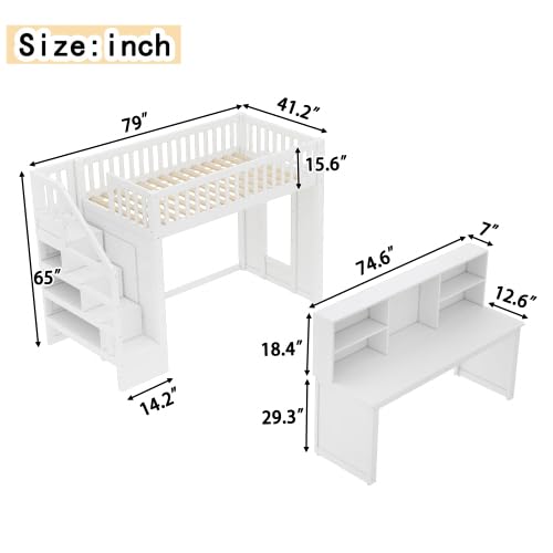 Bellemave Twin Size Low Loft Bed with Movable Desk & Storage Shelves, Kids Twin Loft Bed Frame with Storage Stairs & Hanger, White Bellemave