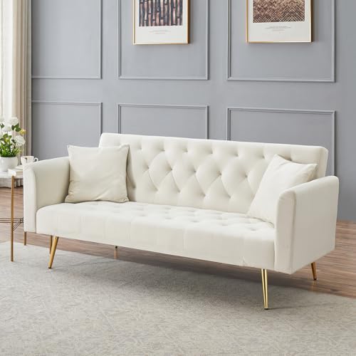71" Modern Velvet Sofa Bed Futon, Convertible Sleeper Couch with Adjustable Backrest, Tufted Recliner Loveseat with Golden Chrome Legs & 2 Pillows for Small Spaces, Living Room, Apartment (Beige) Generic