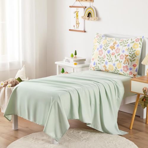 Wake In Cloud - Floral Toddler Bedding Set for Girls, Cute Colorful Botanical Flowers with Deers, 4 Pieces Soft Crib Bed Set Including Comforter, Sheets and Pillowcase, Green Cream Wake In Cloud