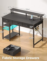 Rolanstar Computer Desk with Power Outlets & LED Light, 39 inch Home Office Desk with 3 Drawers and Storage Shelves, Writing Desk with Monitor Stand, Modern Work Desk for Home Office, Carbon Black Rolanstar