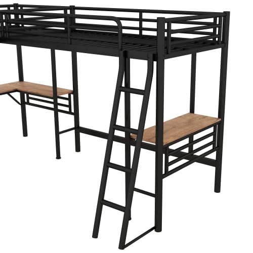 Harper & Bright Designs Twin Size Metal Loft Bed with Two Built-in Desks, L-Shaped Loft Bed with Two Ladders for Kids Teens, Black Harper & Bright Designs
