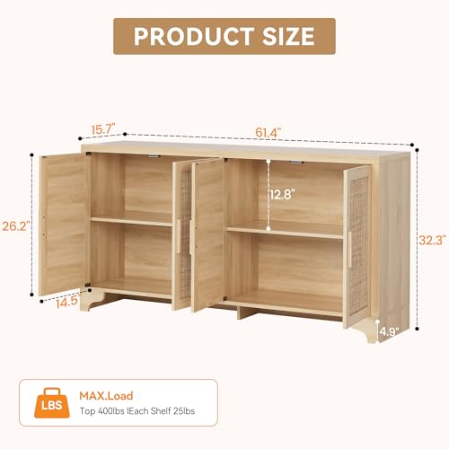 Garvee Natural Rattan Storage Cabinet with Shelves, 4-Door Sideboard Buffet Cabinet, Boho TV Stand Console Table for Living Room, Entryway, Dinning Room Garvee