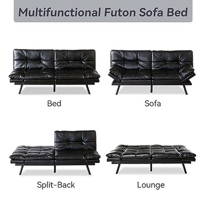 AMICLIBER Convertible Faux Leather Futon Sofa Bed Couch,Memory Foam Futon Sofa Couch,Loveseat Sleeper Sofa Bed,Small Splitback Modern Sofa Bed for Living Room,Office,Apartment,Bright Black