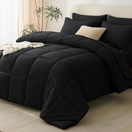 CozyLux Queen Comforter Set Black - 7 Pieces Bed in a Bag Queen, All Season Soft Bedding Set, Oeko-Tex Certified Bed Set with Down Alternative Comforter, Sheets, Pillowcases & Pillow Shams CozyLux