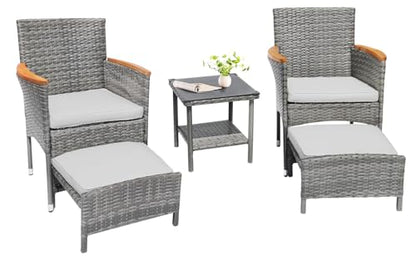 5 Piece Outdoor Patio Furniture Set with Table&Ottoman Outdoor Furniture Patio Set Bistro Wicker Patio Set of 2 Outside Lawn Chairs Conversation Sets for Porch Balcony Pool(Gray Wicker&Gray C - WoodArtSupply