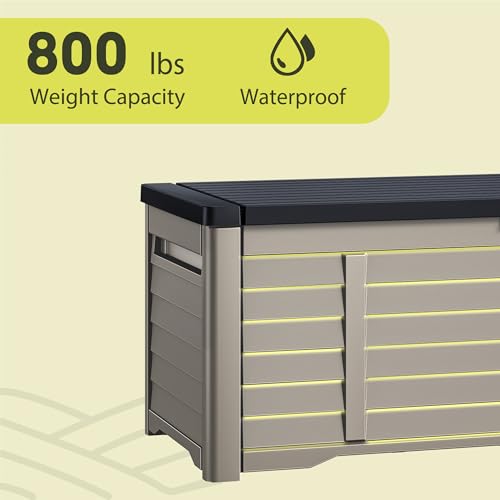 YITAHOME 120 Gallon Large Outdoor Storage Deck Box, Waterproof Cushion Storage Bench with Lockable Lid for Patio, Pool Supplies, Garden Tools, Resin, Black & Brown - WoodArtSupply