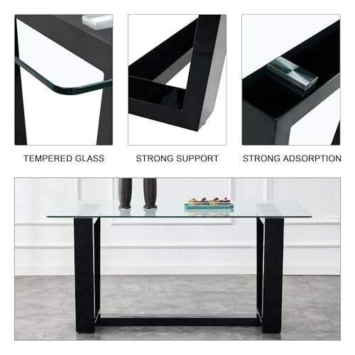 Ebullient Glass Dining Table Set for 6, Modern Dining Table Set for 6, Tempered Glass Tabletop with Black MDF Trapezoid Legs, Rectangle Kitchen Table with 6 Faux Leather Chairs for Home, Apartment Ebullient