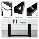 Ebullient Glass Dining Table Set for 6, Modern Dining Table Set for 6, Tempered Glass Tabletop with Black MDF Trapezoid Legs, Rectangle Kitchen Table with 6 Faux Leather Chairs for Home, Apartment Ebullient