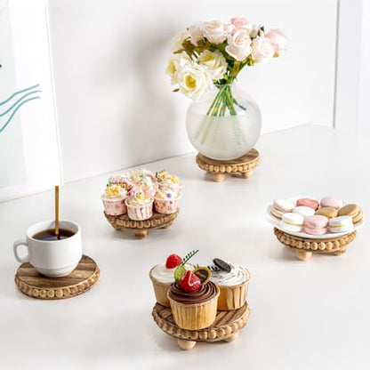 HouseJoy 2Pcs Wood Risers for Display Decorative,Round Beaded Riser Distressed for Decor ,Wooden Farmhouse Coasters Mini Cake Stand Plant Stand,Rustic Pedestal Stand Decor Display Risers for  - WoodArtSupply