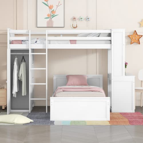 Harper & Bright Designs Twin Over Twin Bunk Bed with Desk, Drawers and Wardrobe, Wooden Loft with Stand-Alone Bed and Shelves for Kids Teens, White Harper & Bright Designs