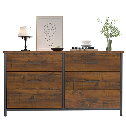 IKENO 6 Drawer Double Dresser, Industrial Wood Dresser for Bedroom, Storage Cabinet with Sturdy Steel Frame IKENO