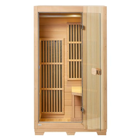 VEVOR Far Infrared Wooden Sauna, Room Home Sauna Spa for One Person, 1140W Low EMF Far Infrared Hemlock Wood Sauna with Tempered Glass Door & LED Reading Lamp & Bluetooth Speakers, 35 * 29 * 64 Inch VEVOR