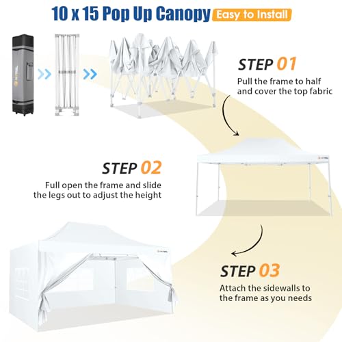 HOTEEL 10x15 Pop up Canopy Tent for Parties, Heavy Duty Easy Setup Tent with 4 Sidewalls, Outdoor Commercial Instant Gazebo for Wedding Event, with Roller Bag & Sand Bags, White(Hexagonal Frame) Hoteel
