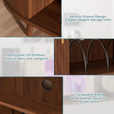 KSOBEBVT Record Player Stand with Vinyl Storage, Modern Media Cabinet with Charging Station & LED Lights, Sliding Door Turntable Stand, Audio-Visual Shelving Unit for Living Room (Walnut, 39") KSOBEBVT