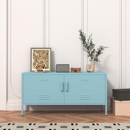 Aiasuit Blue Lockable Metal TV Stand Entertainment Center, Heavy Duty Storage Cabinet Supports 80+ Inch TVs, Multifunctional Media Console for Home Living Room Office 22" H X 35.4" W X 13.8" D Aiasuit