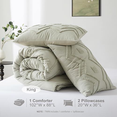 Oli Anderson Boho Tufted Comforter Set King Size, 3 Pcs Soft Jacquard Bedding Set for All Seasons, Shabby Chic Farmhouse Bedding Set with Comforters for All Seasons (Mist Sage, King) Oli Anderson